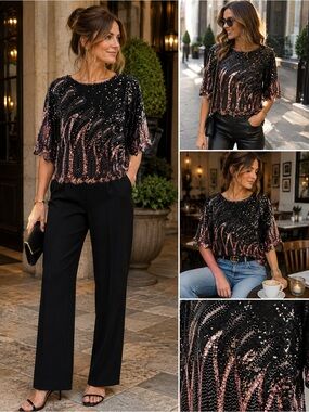 Y2K Sequin Short-Sleeve Blouse in Black and Blush Pink- Evening Top